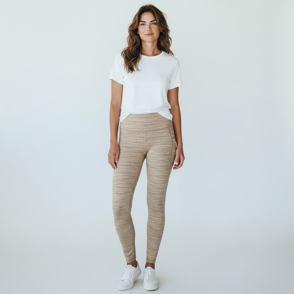 Athleta Womens XS Space Dye Leggings Tan‎ White Striped Activewear Pants